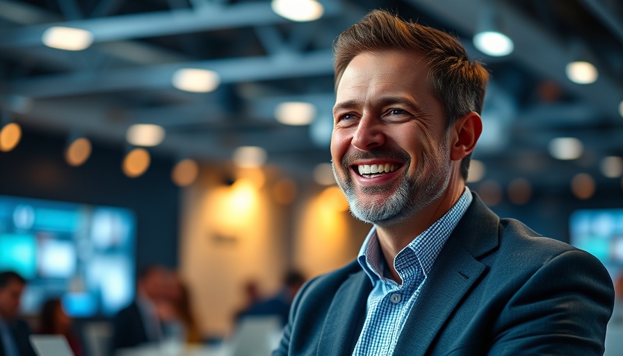 Tech conference attendee smiling amid cloud storage backdrop.