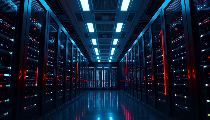 Futuristic server room with glowing lights for AI chat infrastructure.