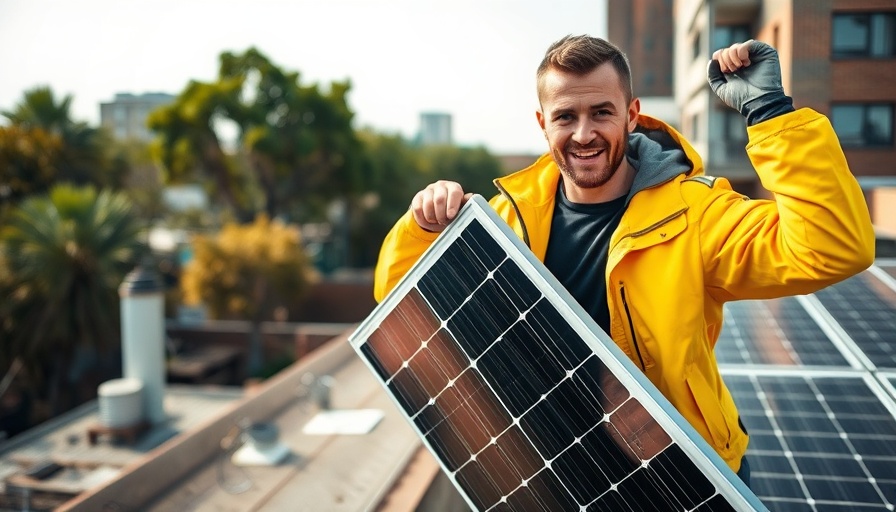 AI Lawsuit concept: worker installs solar panel on rooftop, sunny day.