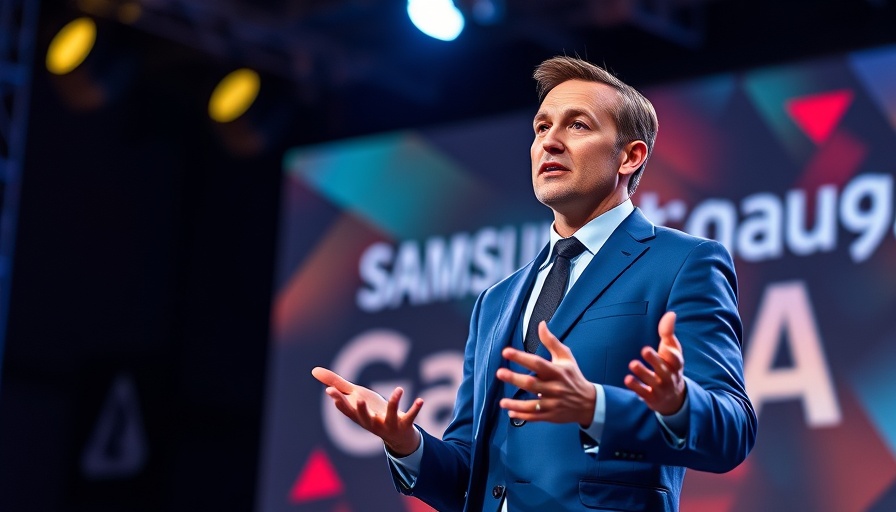 Confident speaker presenting Samsung Gauss2 AI on stage.