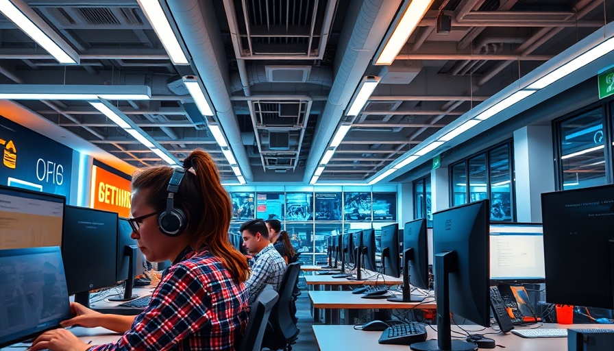 Modern tech office with employees working at computers for chatbots marketing.