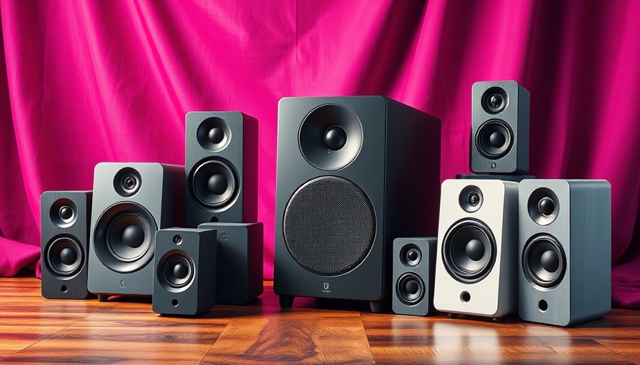Stylish array of computer speakers with colorful background