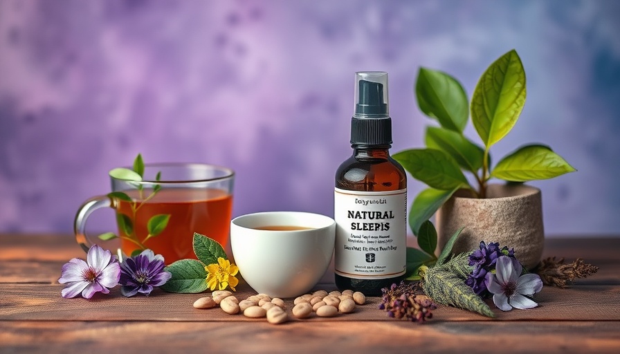 Natural sleep aids including tea and spray with textured background.