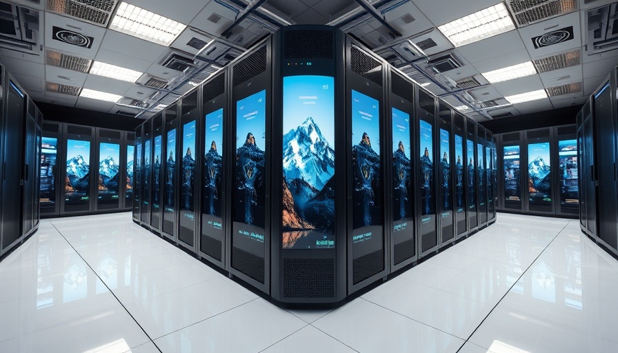 Vast supercomputer with mountain graphics in modern center, supercomputing.