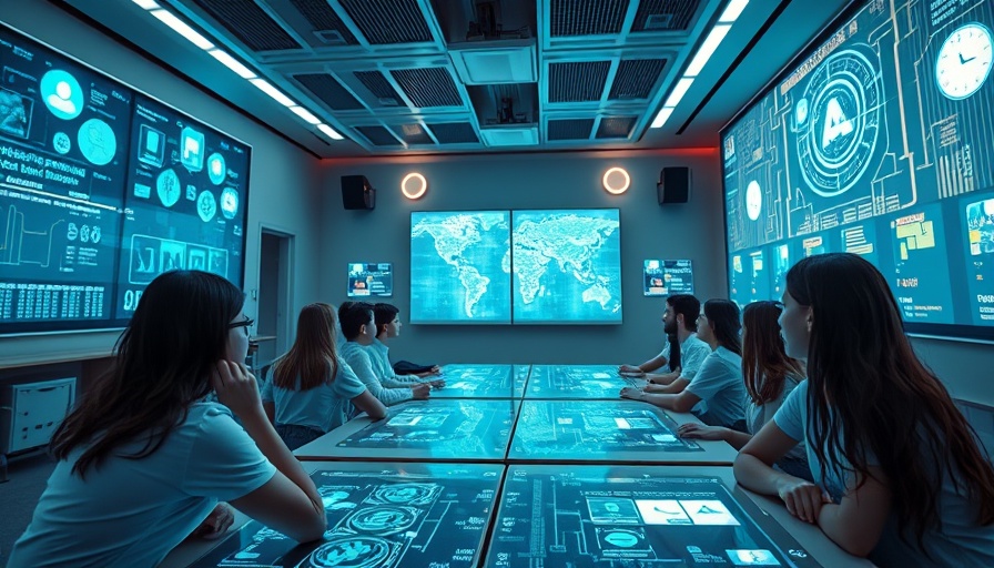 Futuristic AI in Education classroom with engaged students.