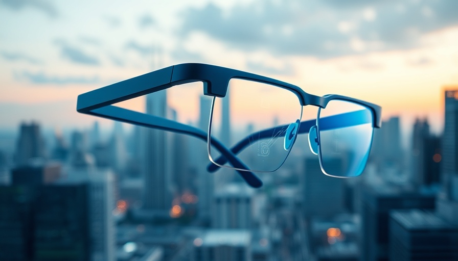 Modern smart glasses with digital city skyline backdrop.