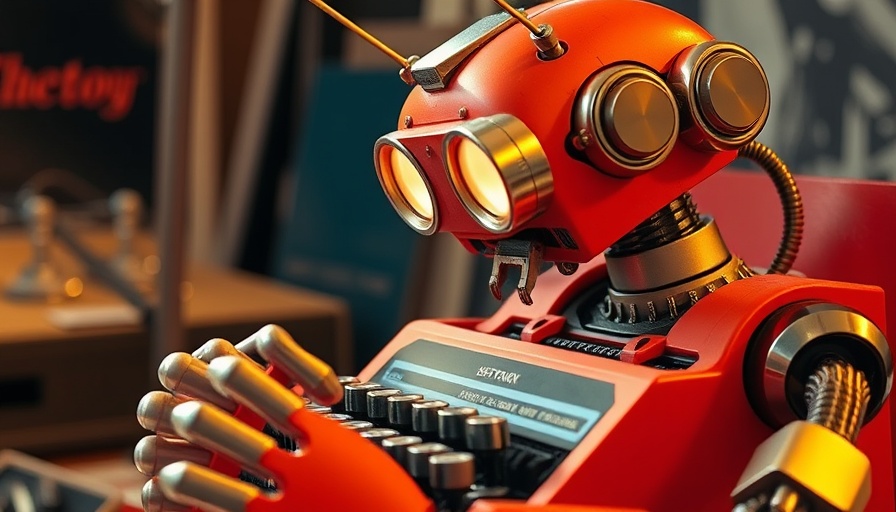 Retro-futuristic robot working on device, Open-Source AI theme.