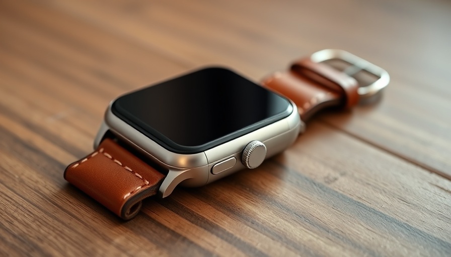 Sleek repairable smartwatch with leather strap on wood surface.