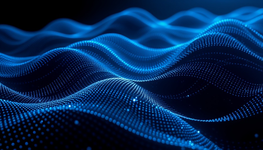Flowing digital landscape representing synthetic data with glowing dots.
