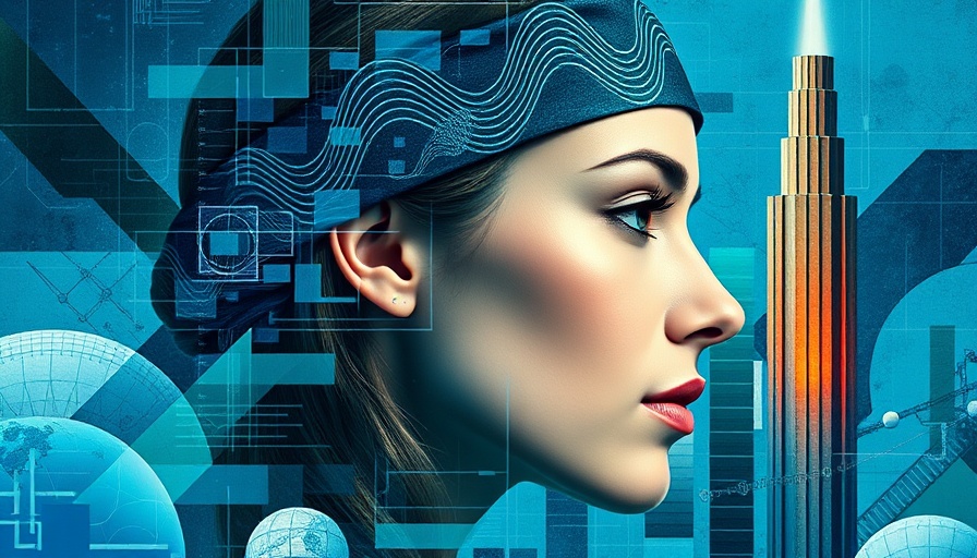 Abstract female portrait with scientific themes in blue and green.