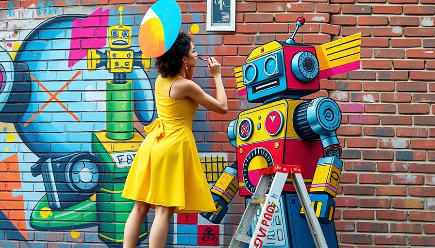 Young woman painting colorful robot mural, AI Creativity, urban art scene.