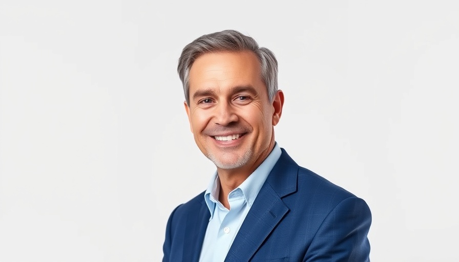 Middle-aged man in blue suit smiling, AI security theme.