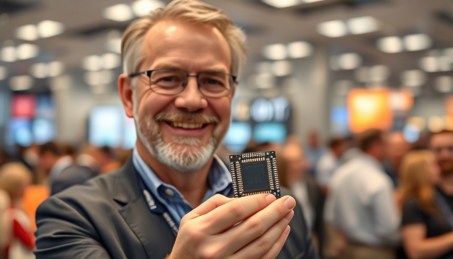 Middle-aged man smiling with a microchip at AI networking event.