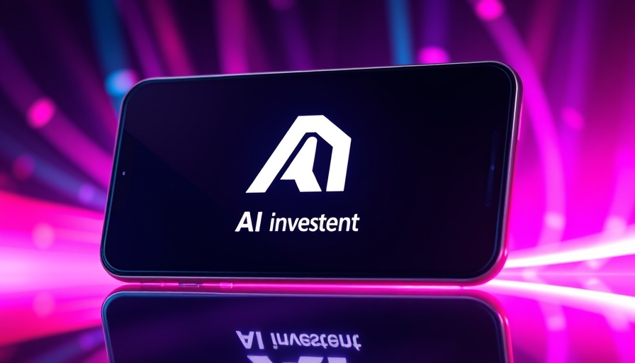 AI investment logo on smartphone with neon background.