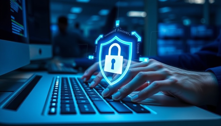 Hands typing on laptop symbolizing AI compliance and cybersecurity.