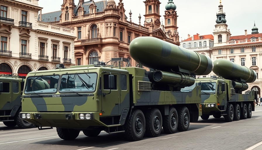 Russia missile transporters in city square, sunny day.