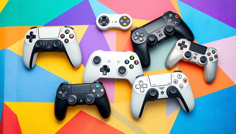 Modern game controllers on colorful abstract background.