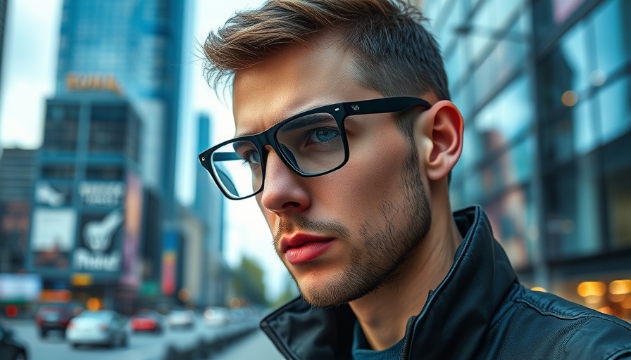 Sleek man using Meta smart glasses in urban landscape