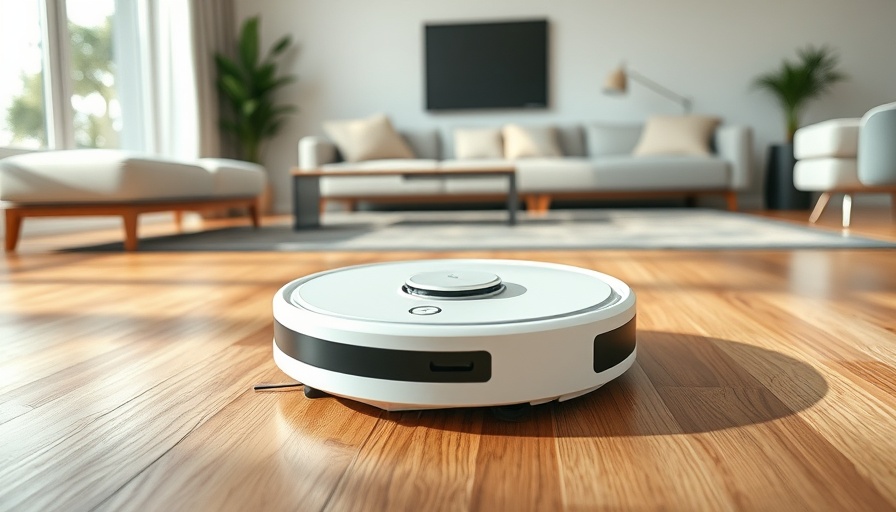 Compact robot vacuum on hardwood flooring with bright lighting.