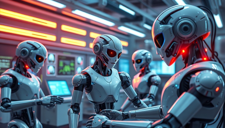 Futuristic AI laboratory with robots and holographic tech, AI advancement.