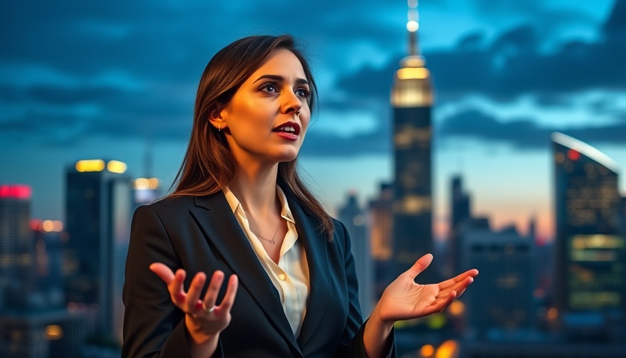 Woman speaking with city skyline, evening lighting during White House briefings.