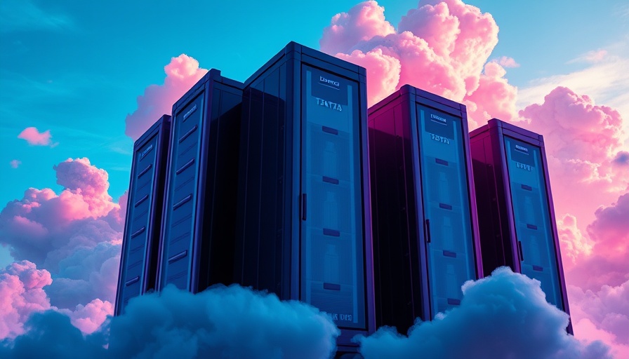 Stylized server racks illustrating Amazon AI investment with CGI clouds.