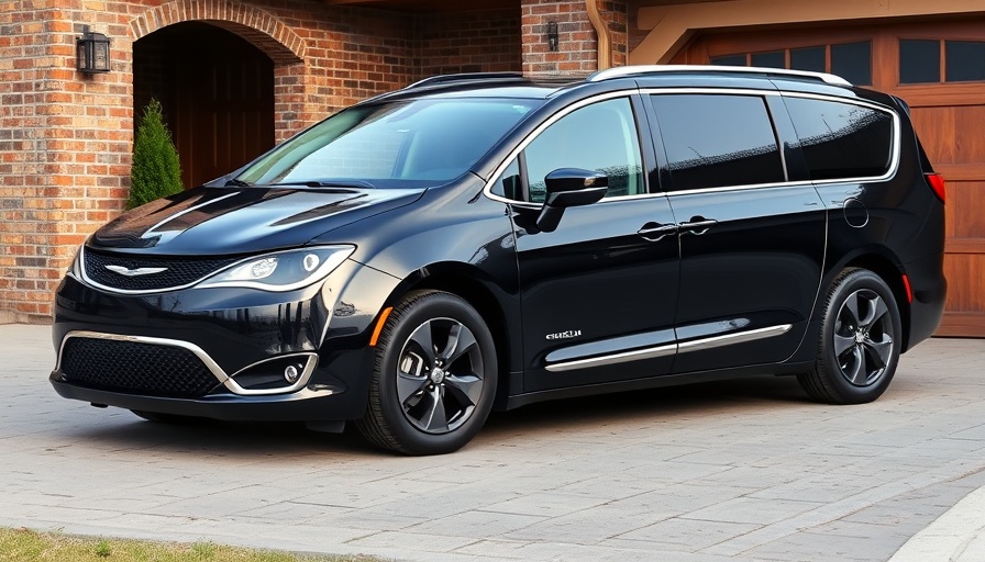 Chrysler Pacifica EV parked on a driveway with a garage backdrop.