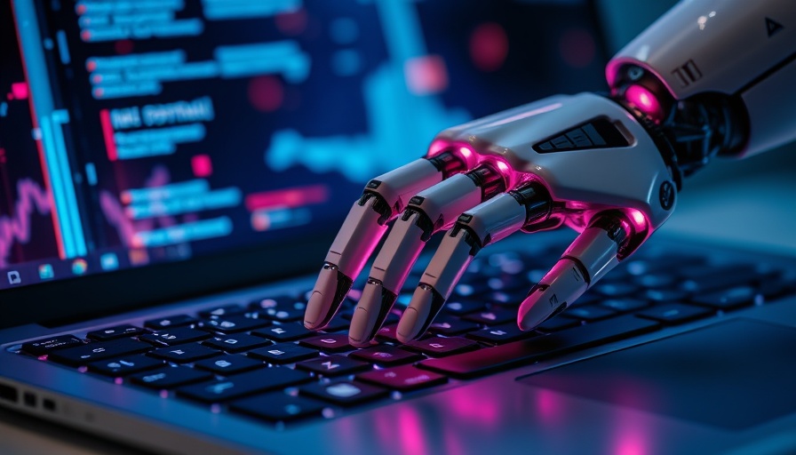 Futuristic robotic hand typing on keyboard, Instabase CMO concept.