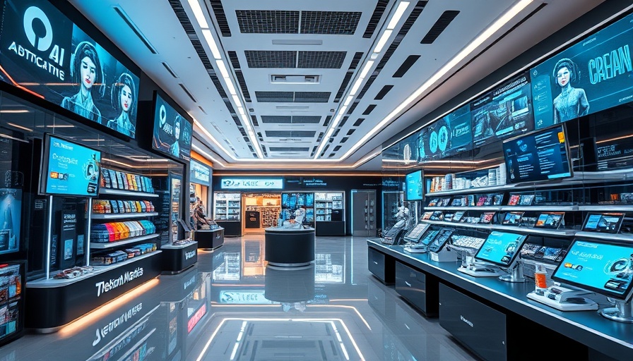 Futuristic AI retail store with interactive tech displays.