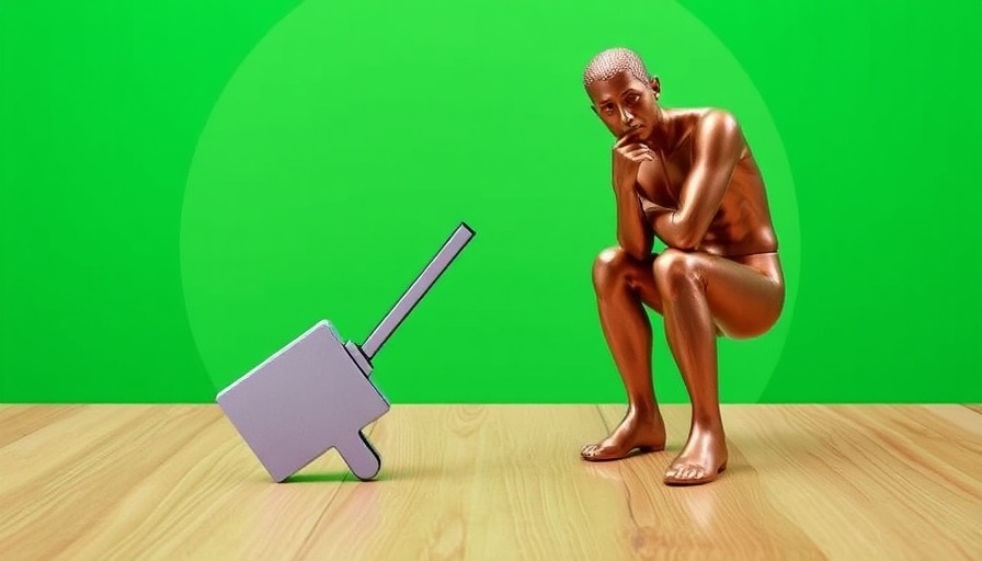 Digital art of thinker statue and cursor on wooden background, climate strategy.