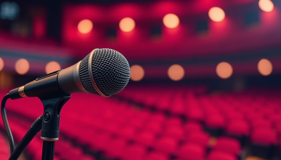 Close-up of microphone with red auditorium seats in background.