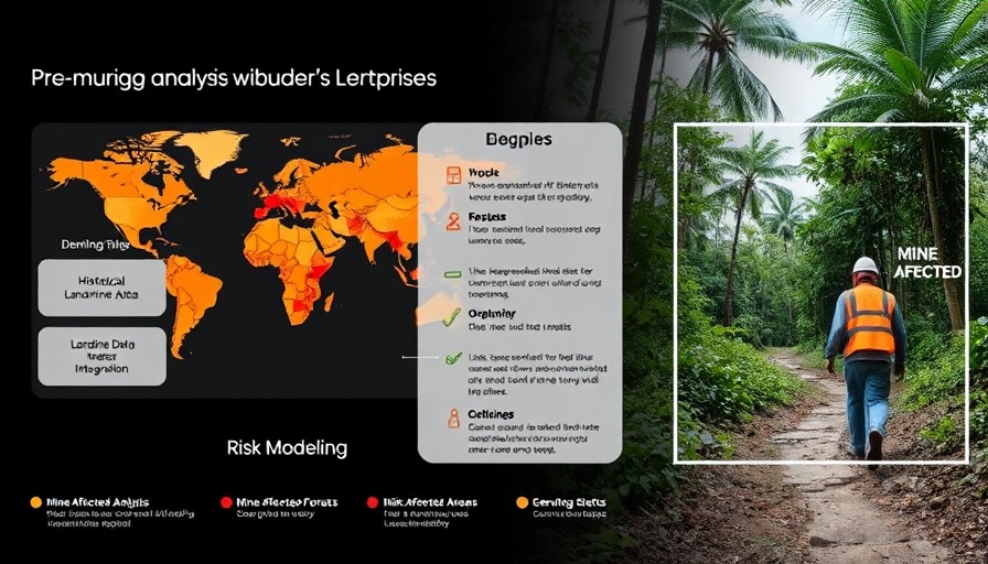 Diagram and map for demining analysis; teamwork in tropical forest.
