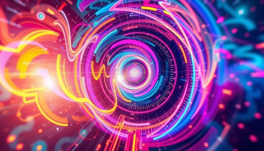 Vibrant digital transformation artwork with swirling colors and shapes.