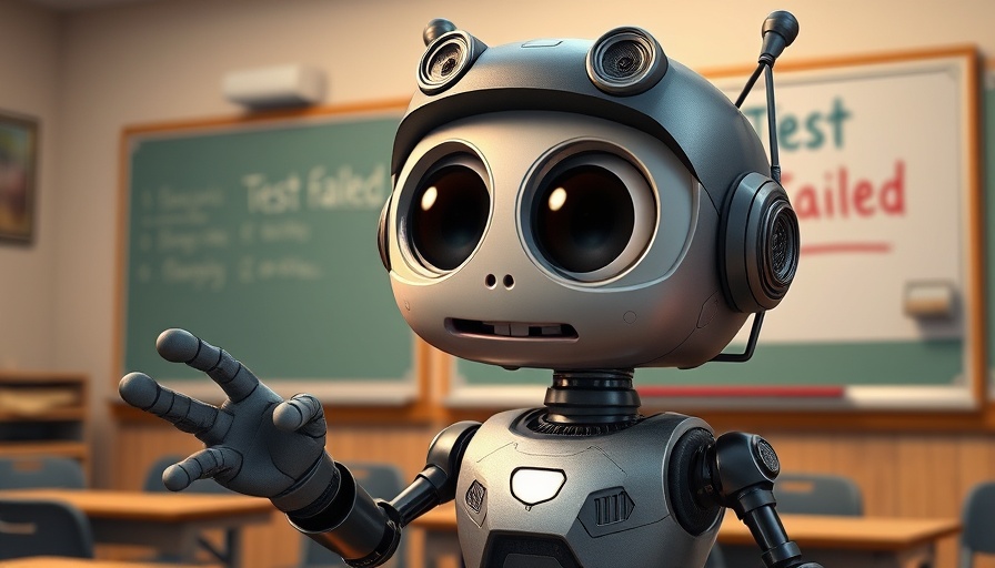 GenAI cartoon robot gesturing in front of 'Test Failed' whiteboard.