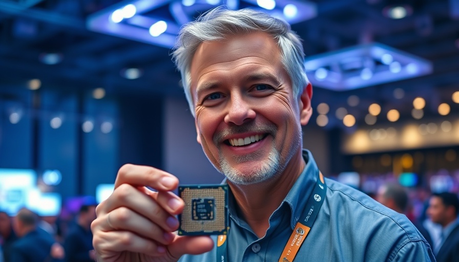 Man showcasing AI networking chip at tech conference.