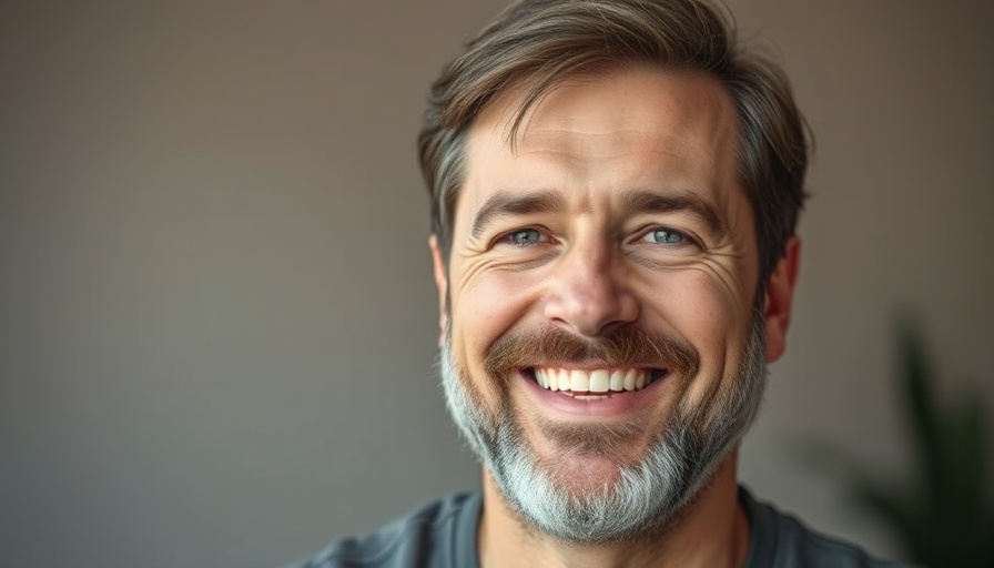 Middle-aged man smiling, soft indoor background, hybrid cloud concept.
