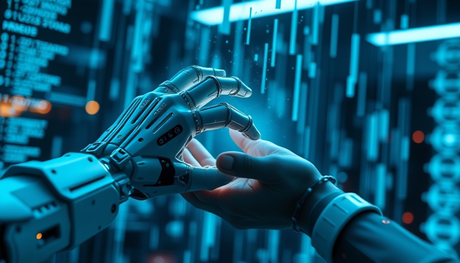 AI copyright lawsuit: human and robotic hands reaching in digital code.