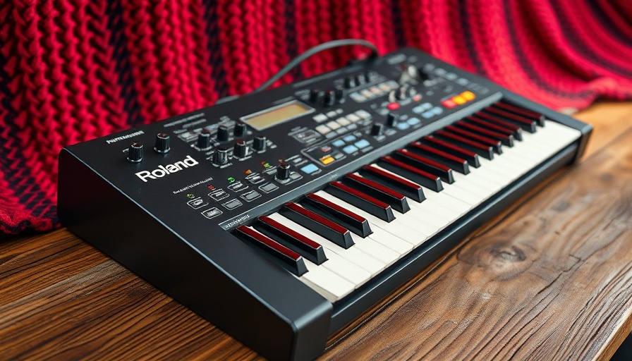 Roland Aira P-6 synth on wooden table, close-up details.