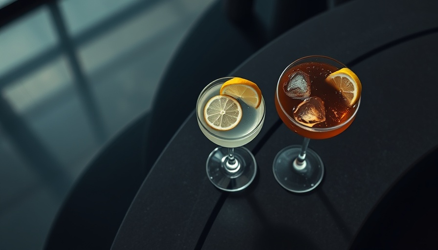Aerial view of a cocktail on a dark table casting a shadow.