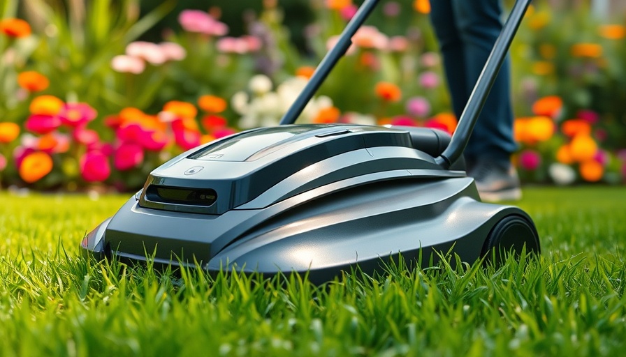 Sleek robot mower in green garden cutting grass.