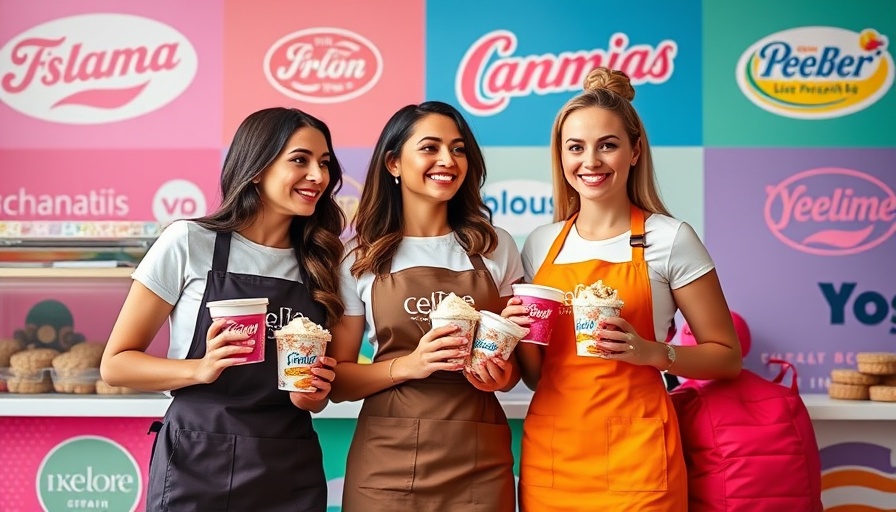 Three women in aprons holding ice cream for brand collaboration.
