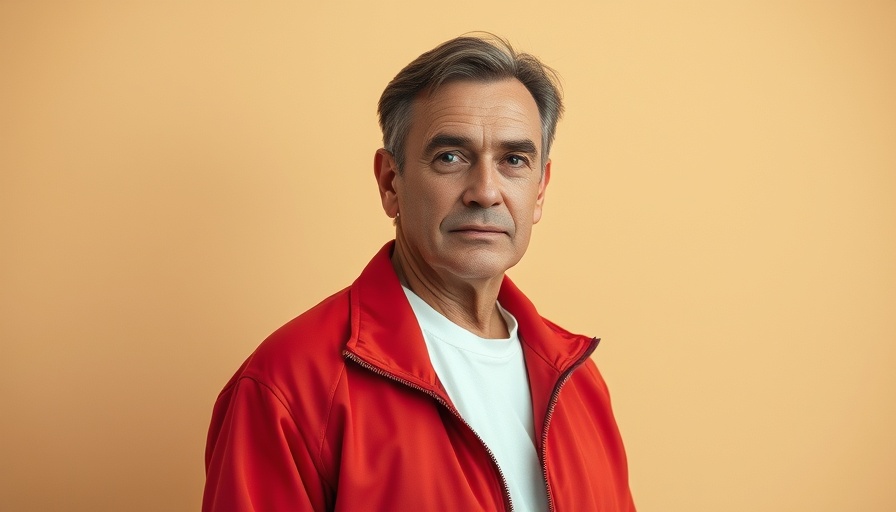 Middle-aged man in red jacket, satirical news theme