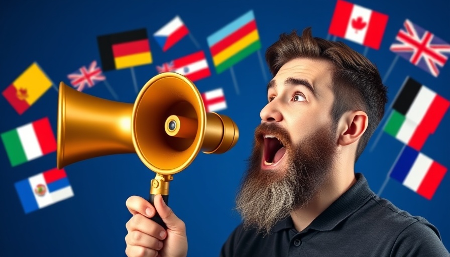 Man using a megaphone with flags illustrating AI translation.