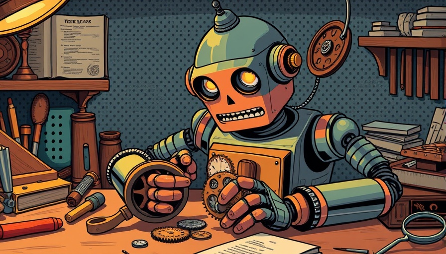 Retro robot working on clockwork parts, symbolizing open-source AI innovation.