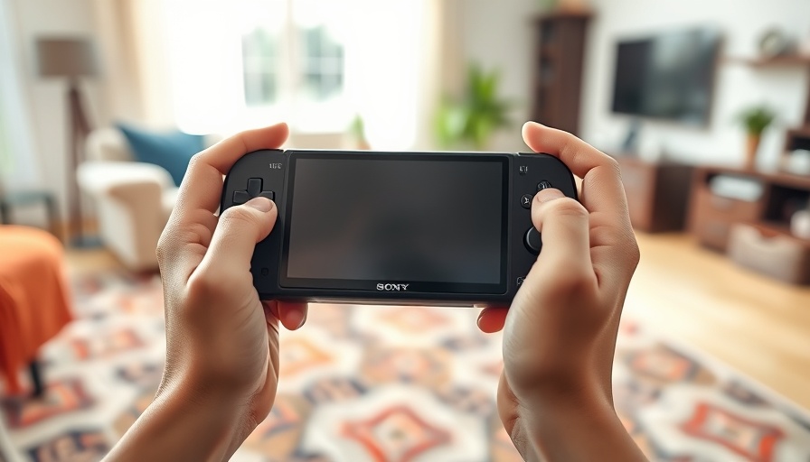 Close-up of Sony handheld console playing game in living room.