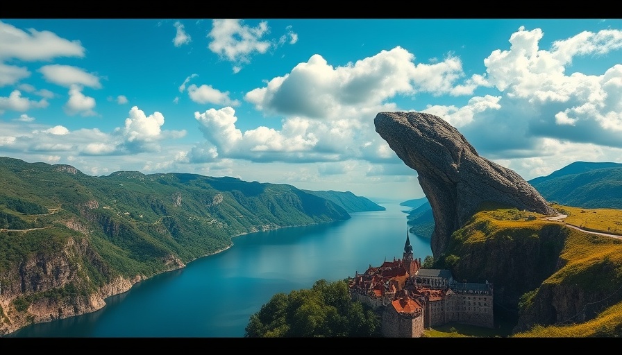 Cinematic landscape with arch over village and lake in movie trailers.