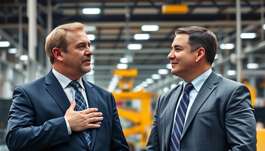Tim Cook strategy meeting in a bright industrial factory setting.