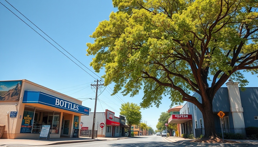 Suburban street, bottle shop under blue sky.