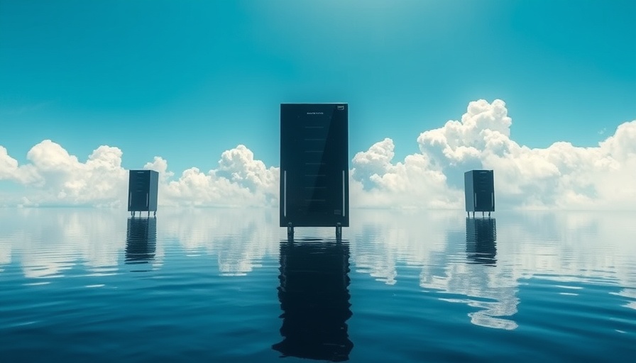 Serverless GPU floating over reflective water under clouds.