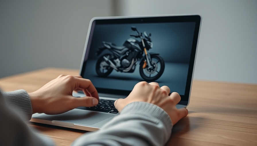 Hands using a laptop with motorcycle image, showcasing VR innovation.